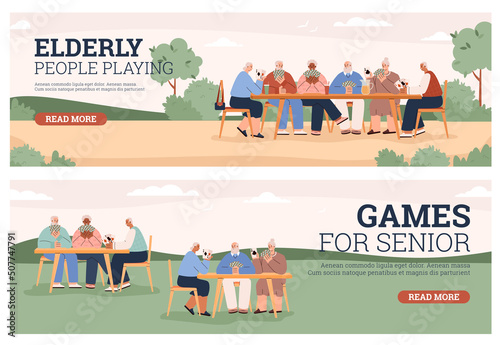 Set of website banners about elderly people playing cards outdoor flat style