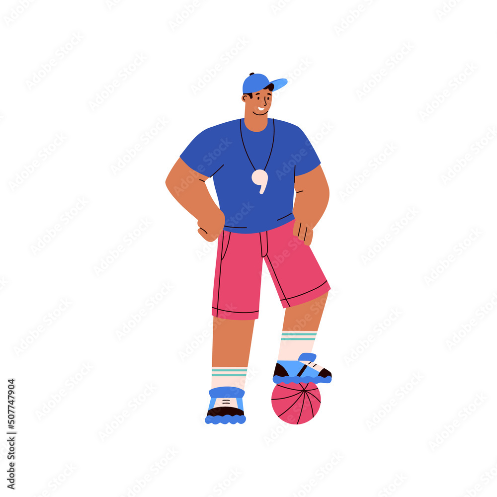 Coach, teacher with a ball, vector flat illustration on a white background.