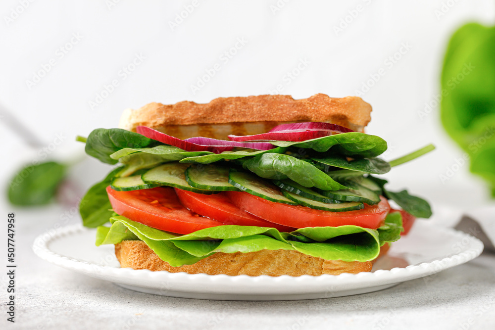 Obraz premium Healthy organic Vegetarian Veggie Sandwich with vegetables, spinach, Tomatoes, cucumber, onion.