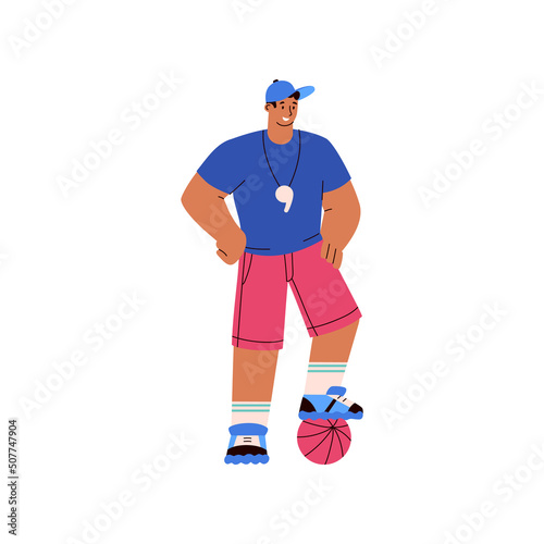 Coach, teacher with a ball, vector flat illustration on a white background.