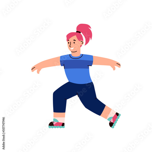 Child girl doing sport exercises flat vector illustration isolated on white.