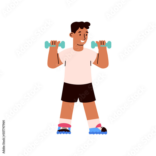 Young boy exercising with dumbbells flat style, vector illustration