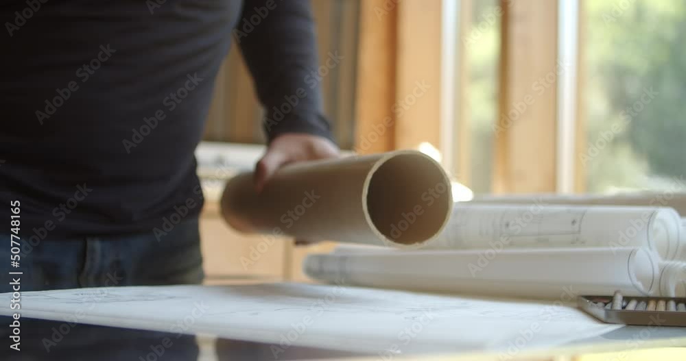 An architect or designer pulls rolls of construction plans out of a cardboard tube An architect or designer pulls rolls of construction plans out of a cardboard tube