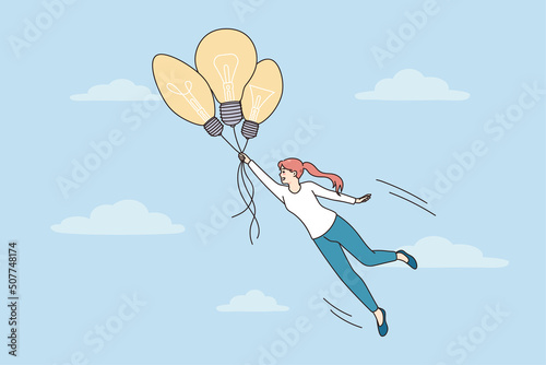 Happy motivated woman flying on light bulbs as balloons in sky. Smiling female lost in dreams or imagination. Creative ideas and problem solution. Vector illustration. 