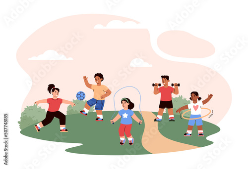 Girls and boys do sports outdoors, in clearing, vector flat illustration on white background.