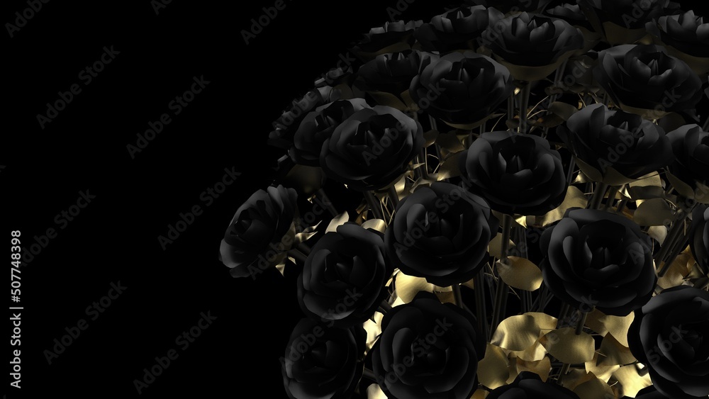 Black rose with small gold leaves black-white background. Concept image of happy Invitation and reception sign. 3D high quality rendering. 3D illustration. High resolution. Black rose with small gold leaves black-white background. Concept image of happy Invitation and reception sign. 3D high quality rendering. 3D illustration. High resolution.