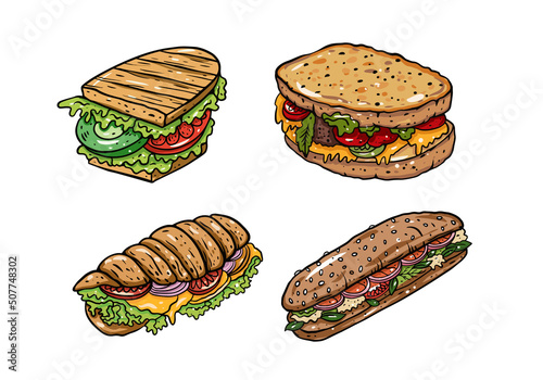 Colorful sketch Sandwiches set. Hand drawn vector illustration.