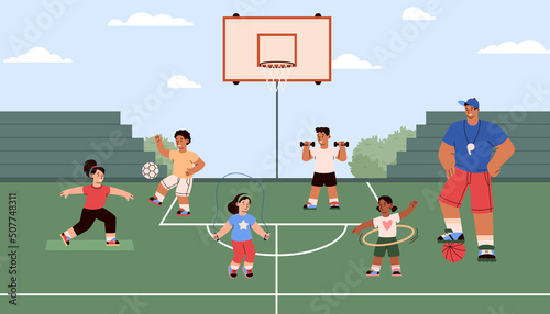 Children physically train, vector flat illustration. Man plays with a ball, plays sports.