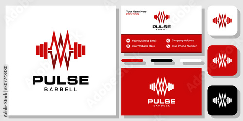 Pulse Barbell Letter M MW WM Healthy Heartbeat Gym Training Physical with business card template 