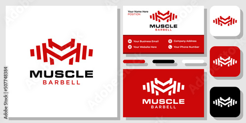 Muscle Barbell gym bodybuilding training strength increase healthy energy with business card template 