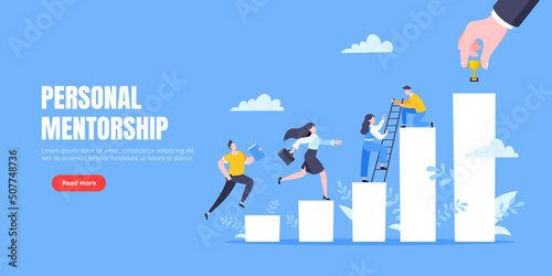 Business mentor helps to improve career and holding stairs steps vector illustration. Mentorship, upskills, climb help and self development strategy flat style design business concept.