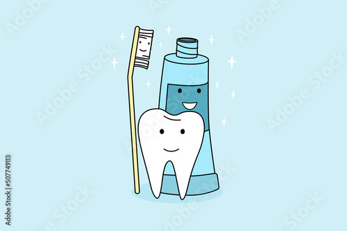 Smiling tooth, toothbrush and toothpaste feeling positive recommend good oral care. Concept of dental treatment and healthcare. Dentistry recommendation. Vector illustration. 