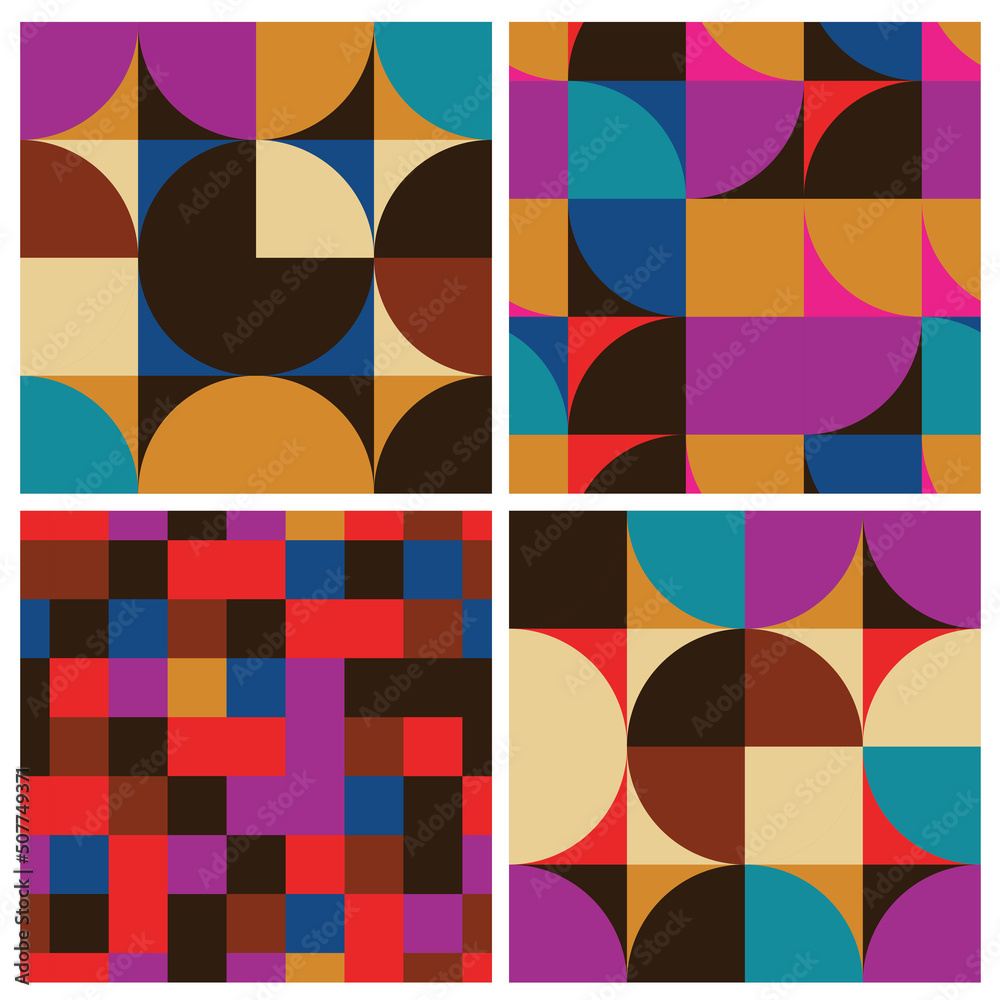 Abstract seamless pattern set with geometric shapes. Vintage background with squares and circles