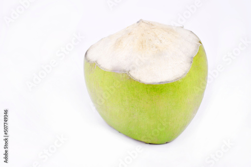 Green coconut fruit ready to drink isolated on white background