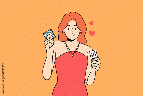Young woman holding condom and birth control pills use different means of protection for sex. Smiling girl with contraception methods for unplanned pregnancy prevention. Vector illustration. 