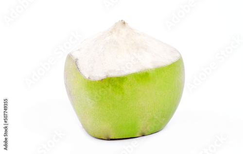 Green coconut fruit ready to drink isolated on white background