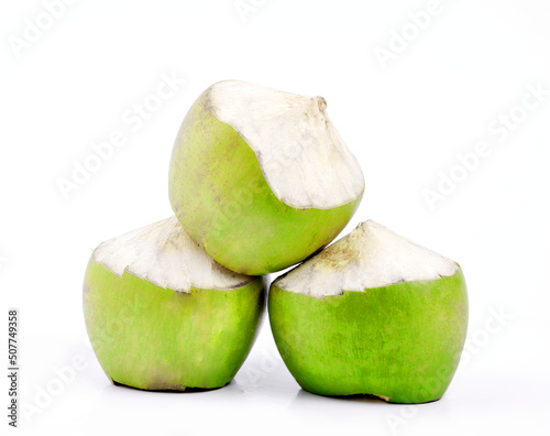 Green coconut fruit ready to drink isolated on white background