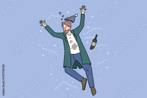 Homeless man sleeping on street on snow next to bottle. Drunk male doze off outdoors struggle with alcoholic addiction. Alcoholism and drunkenness. Flat vector illustration. 