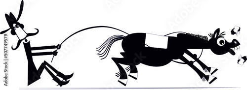 Cartoon rider lassoes a horse. 
Rodeo. Farmer or cowboy tries to stop the running away horse with lasso. Black on white background
