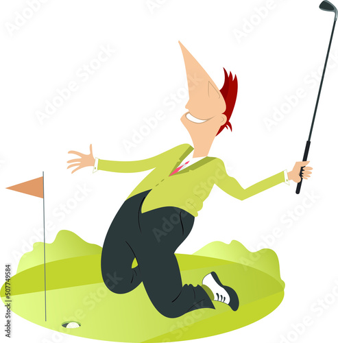 Happy golfer on the golf court.
Kneeling golfer man happy to make a good shot
