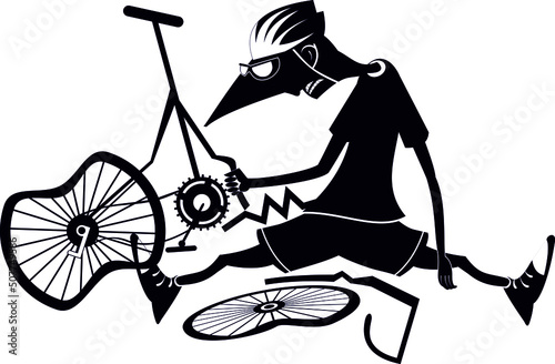 Sad cyclist man and broken bike. 
Cyclist man with downcast head sitting near a broken bicycle. Black on white background
