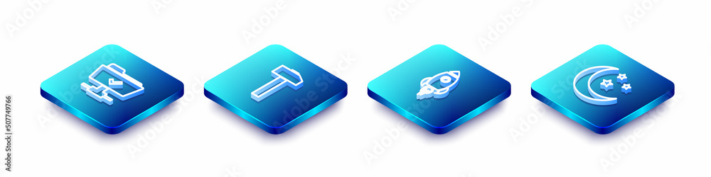 Set Isometric line FTP operation successful, Hammer, Rocket ship with fire and Moon and stars icon. Vector Set Isometric line FTP operation successful, Hammer, Rocket ship with fire and Moon and stars icon. Vector