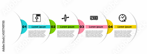 Set line Floppy disk in the 5.25-inch, Kayak and paddle, Digital alarm clock and Clock 24 hours. Business infographic template. Vector