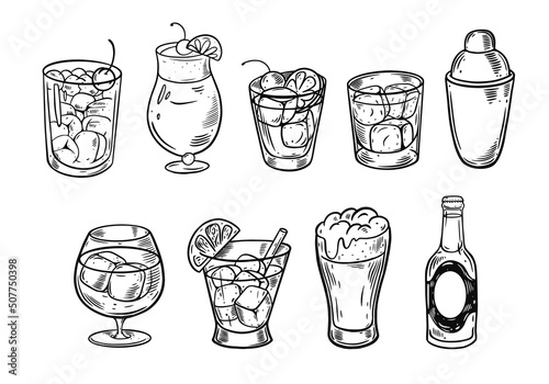 Hand drawn sketch cocktails set. Black color outline vector illustration.