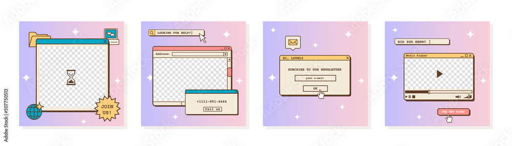 Set of vaporwave retro futuristic lofi post templates for social media. 80s 90s aesthetic square backgrounds with old computer user interface, dialog window and nostalgic elements. Vector illustration - obrazy, fototapety, plakaty 