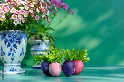 DIY decoration of boxwood seedlings planted in Easter eggs