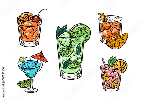 Hand drawn sketch colorful cocktails set. Modern vector illustration.