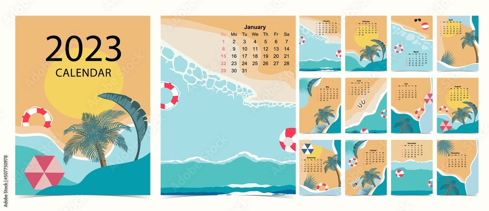 2023 table calendar week start on Sunday with beach and sea that use for vertical digital and printable A4 A5 size 
