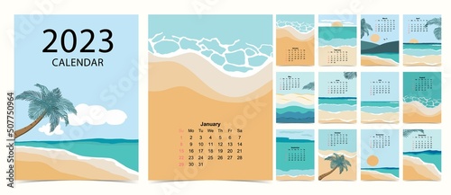 2023 table calendar week start on Sunday with beach and sea that use for vertical digital and printable A4 A5 size 