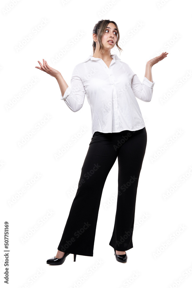 Confused young Indian businesswoman full body isolated on white Confused young Indian businesswoman full body isolated on white