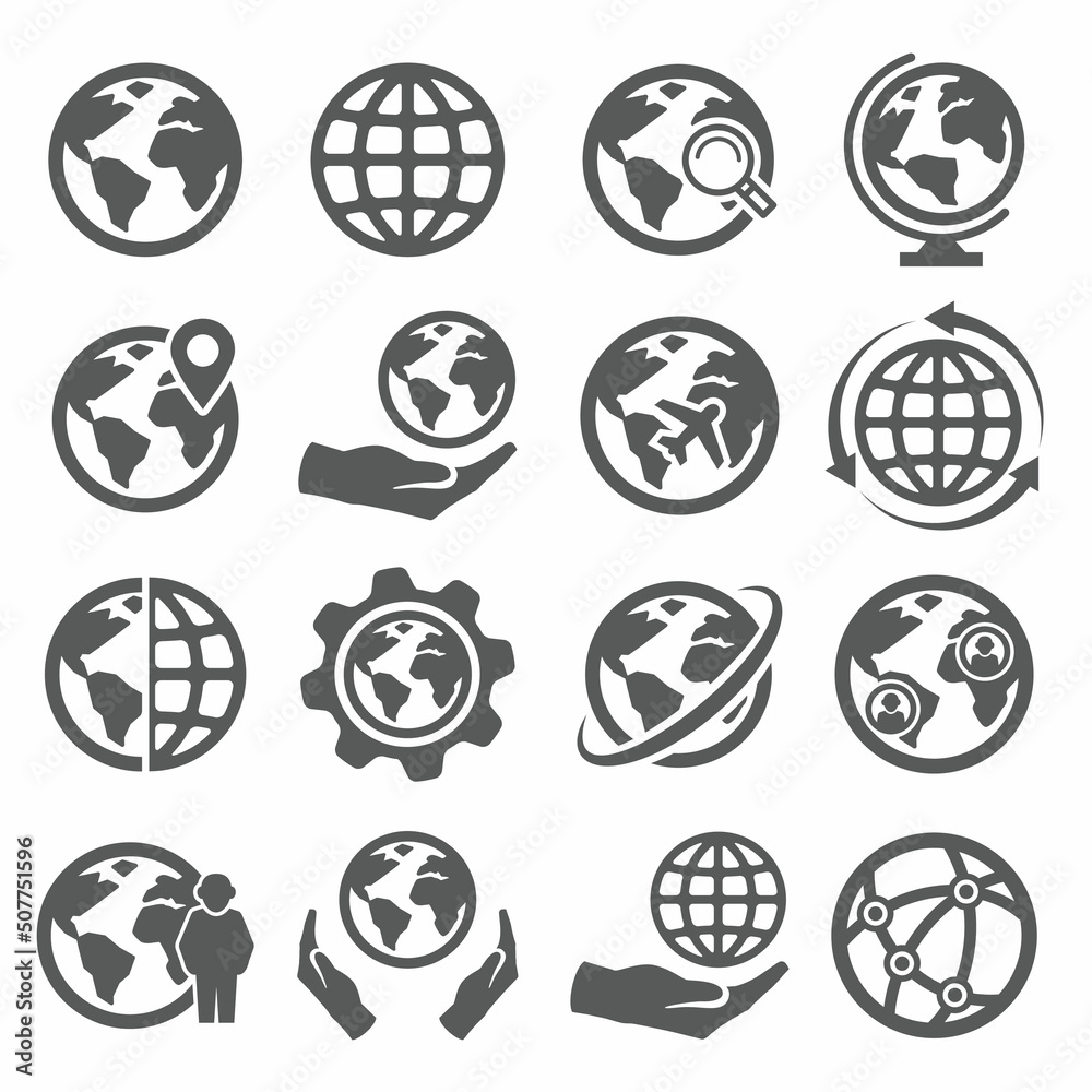 Globe icons set on white background