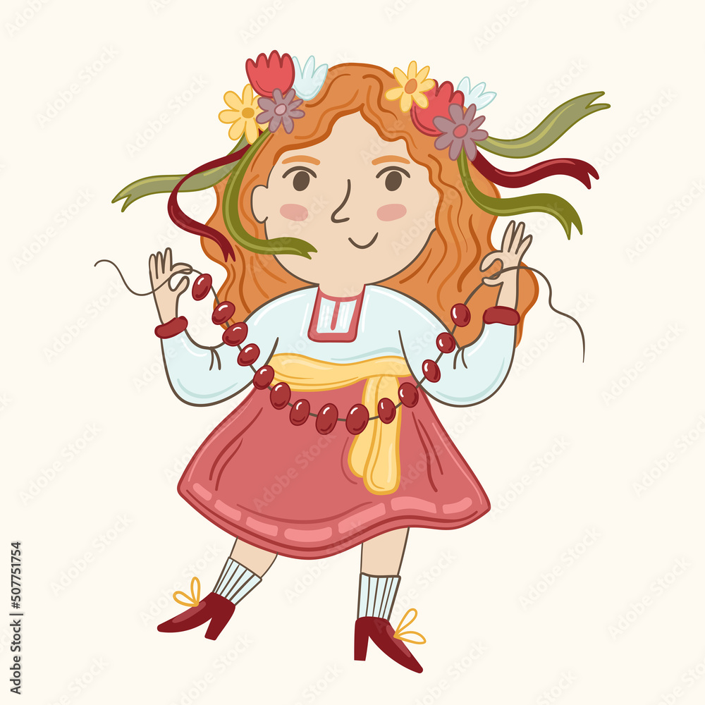 Vector illustretion ukranian child girl with red beads, flowers, ribbons, shoes. Vector illustretion ukranian child girl with red beads, flowers, ribbons, shoes.