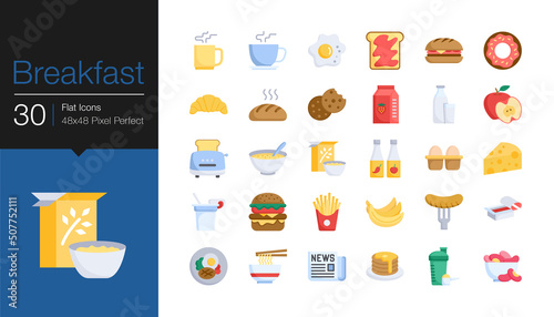 Breakfast icons. Flat design. Vector illustration.