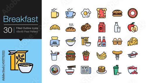 Breakfast icons. Filled outline design. Editable Stroke.
