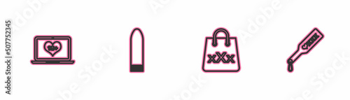 Set line Laptop with 18 plus content, Shopping bag triple X, Dildo vibrator and Spanking paddle icon. Vector photo