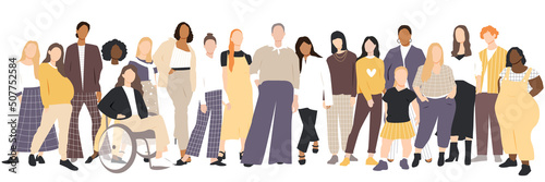 Women of different ethnicities stand side by side together. Flat vector illustration.