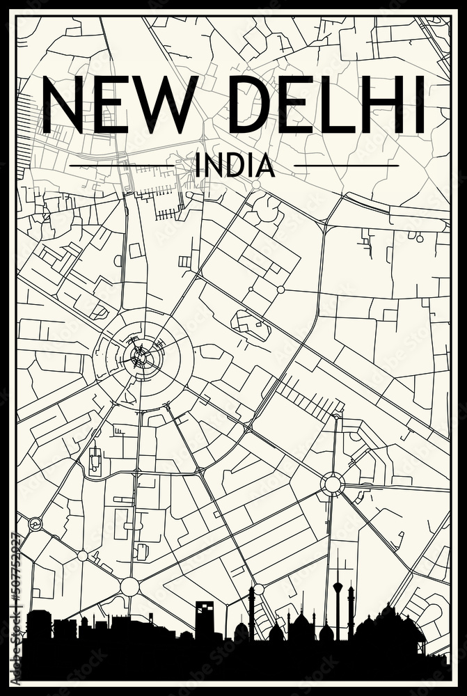 Light printout city poster with panoramic skyline and hand-drawn streets network on vintage beige background of the downtown NEW DELHI, INDIA