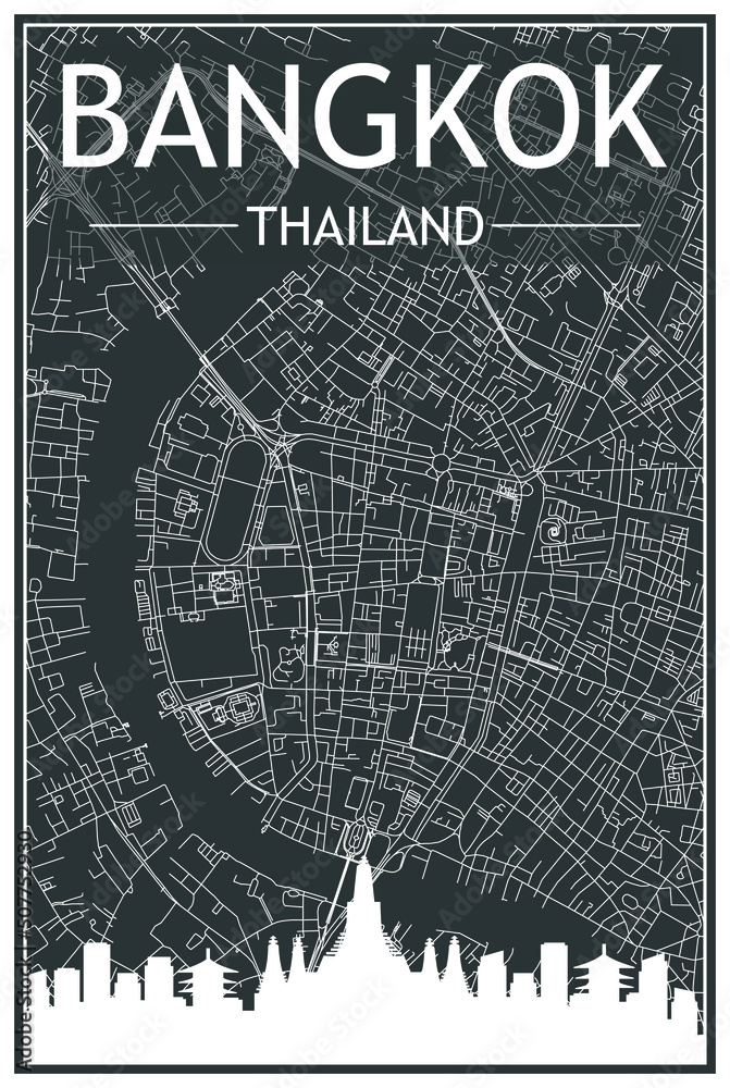 Dark printout city poster with panoramic skyline and hand-drawn streets network on dark gray background of the downtown BANGKOK, THAILAND