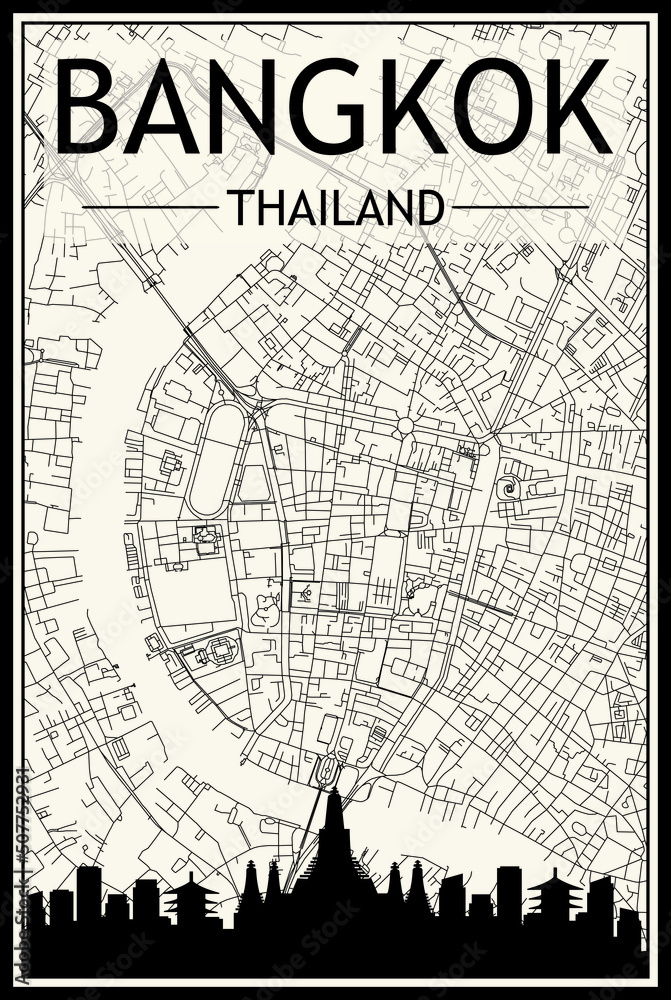 Light printout city poster with panoramic skyline and hand-drawn streets network on vintage beige background of the downtown BANGKOK, THAILAND