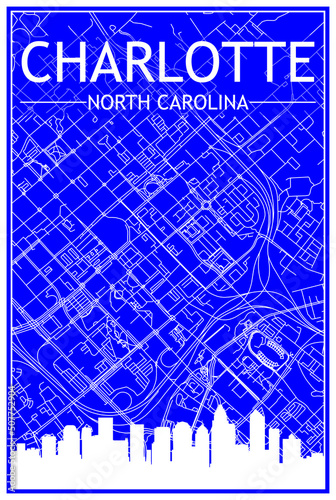 Technical drawing printout city poster with panoramic skyline and hand-drawn streets network on blue background of the downtown CHARLOTTE, NORTH CAROLINA