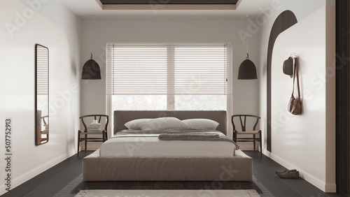 Modern wooden bedroom in dark tones  master velvet bed with pillows and blanket  rattan pendant lamps  chairs  cloth hanger. Parquet  carpet  window with blinds. Interior design