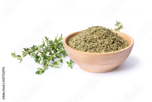 Fresh and dry Thyme leaf isolated on white background.