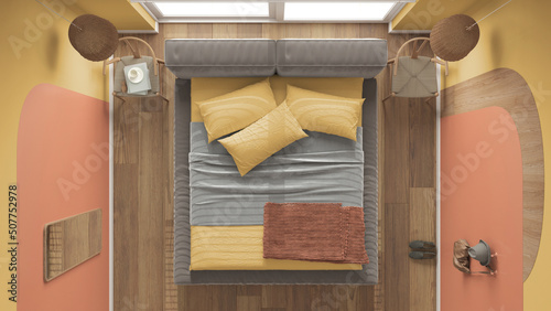 Modern wooden bedroom in orange tones, master velvet bed with pillows and blanket, pendant lamps, chairs. Parquet, carpet, window with blinds. Top view, plan, above, interior design