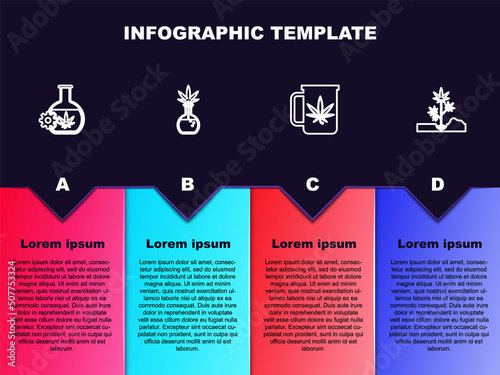 Set line Test tube with marijuana, , Cup tea and Planting. Business infographic template. Vector
