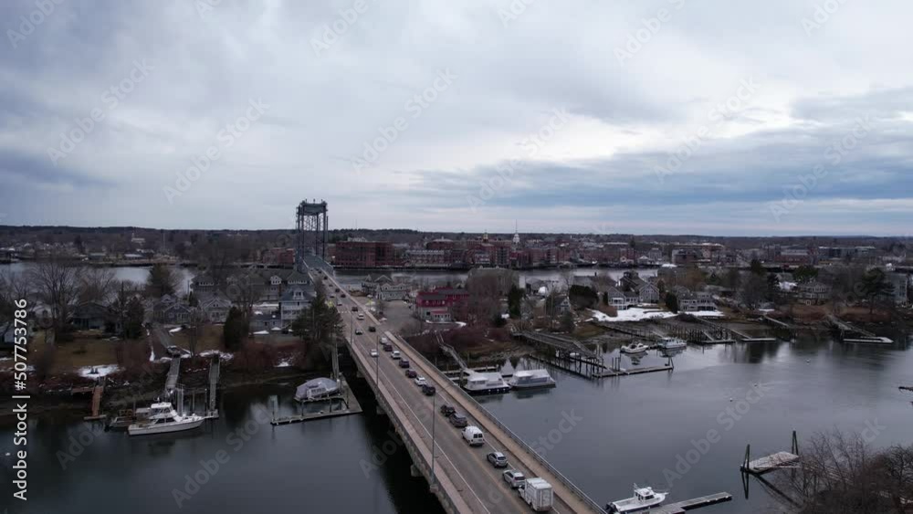 Aerial View of Traffic Jam on Memorial Bridge Between Maine and New Hampshire, Kittery and Portsmouth, Pedestal Drone Shot Aerial View of Traffic Jam on Memorial Bridge Between Maine and New Hampshire, Kittery and Portsmouth, Pedestal Drone Shot