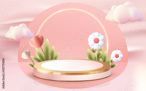 3d rendered luxury podium showcase vector 3d with cute flower